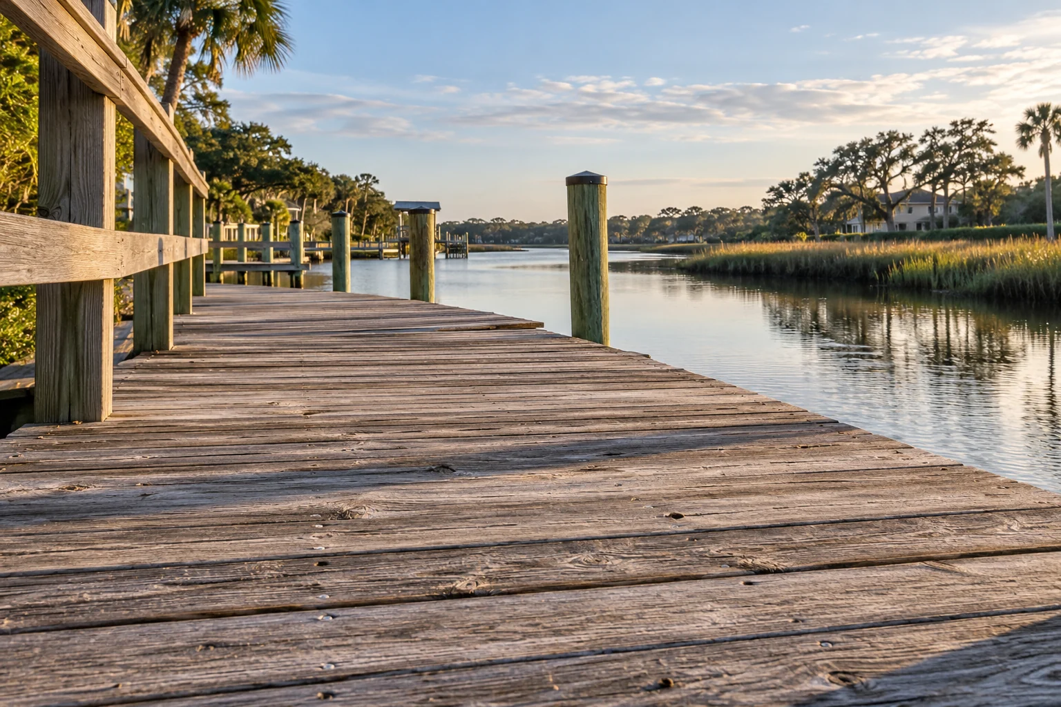 Illustration of weathered timber dock boards beside a Florida canal
