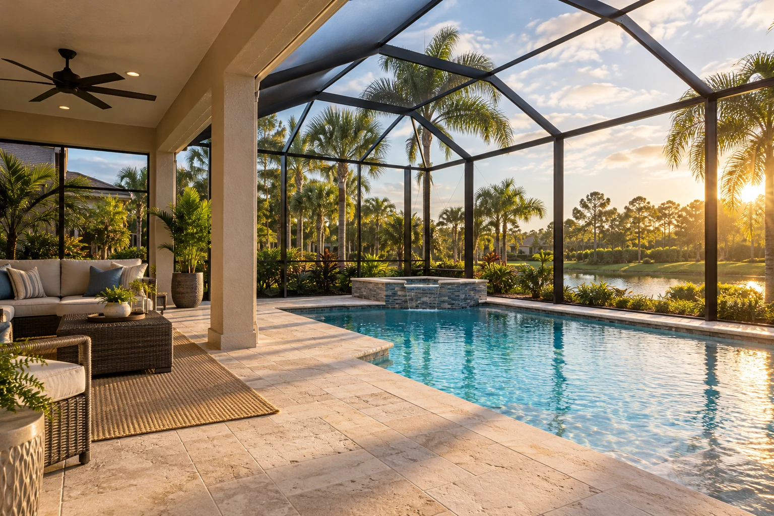Illustrative screened lanai and pool showing screen-frame lines in a Florida outdoor setting