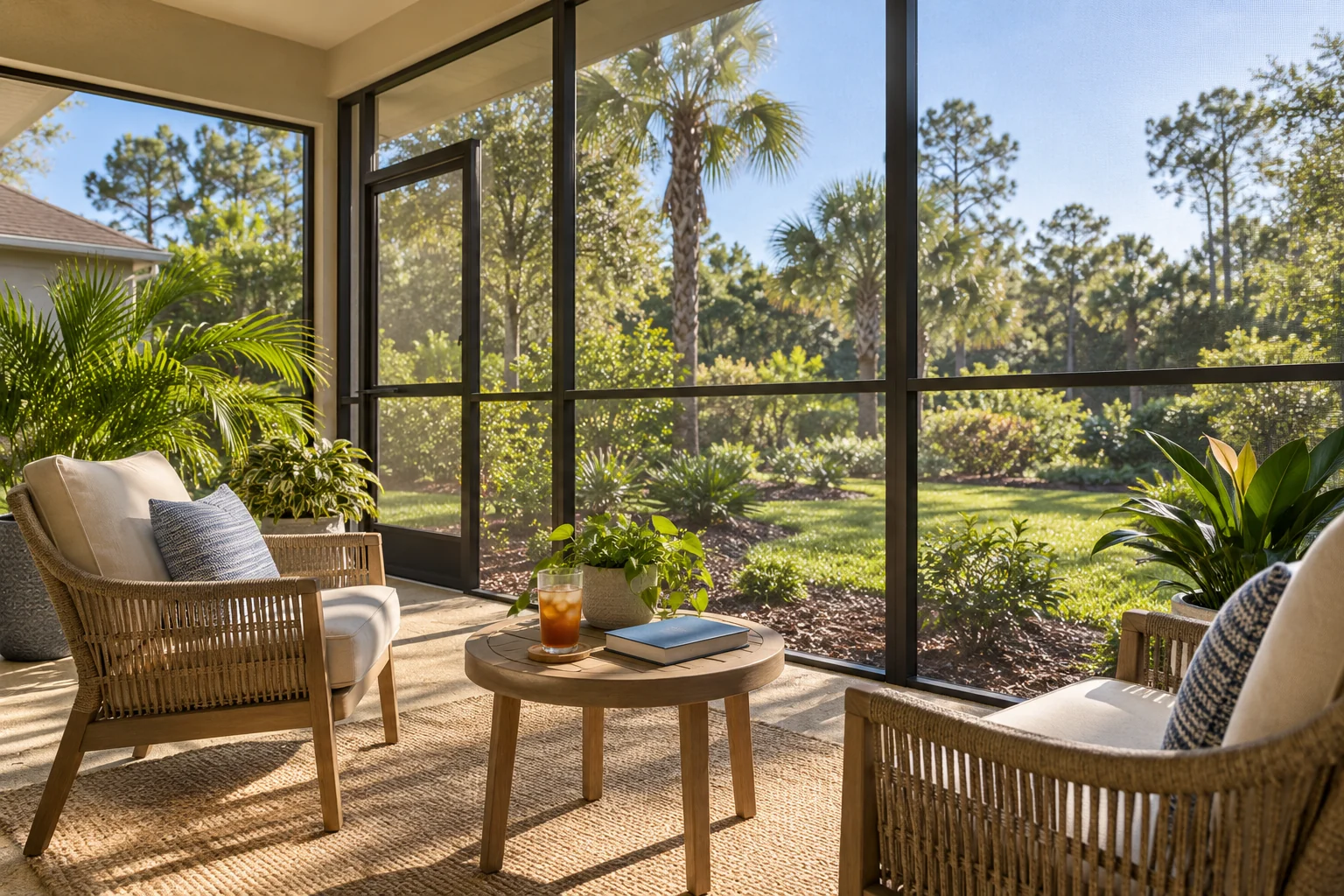 Illustration of a screened Florida patio with outdoor seating and a garden view