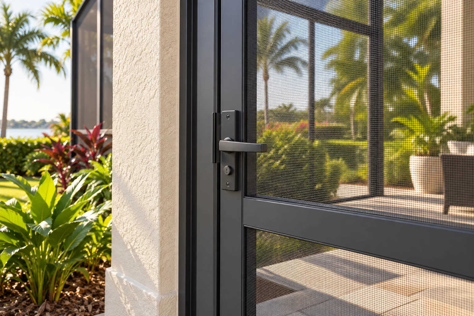 Architectural illustration of a charcoal screen door and frame with a garden beyond