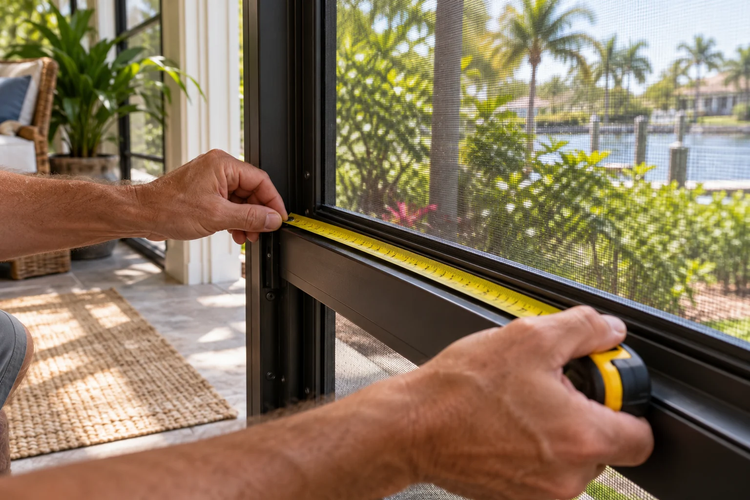 Illustration of hands measuring an enclosure screen-door frame