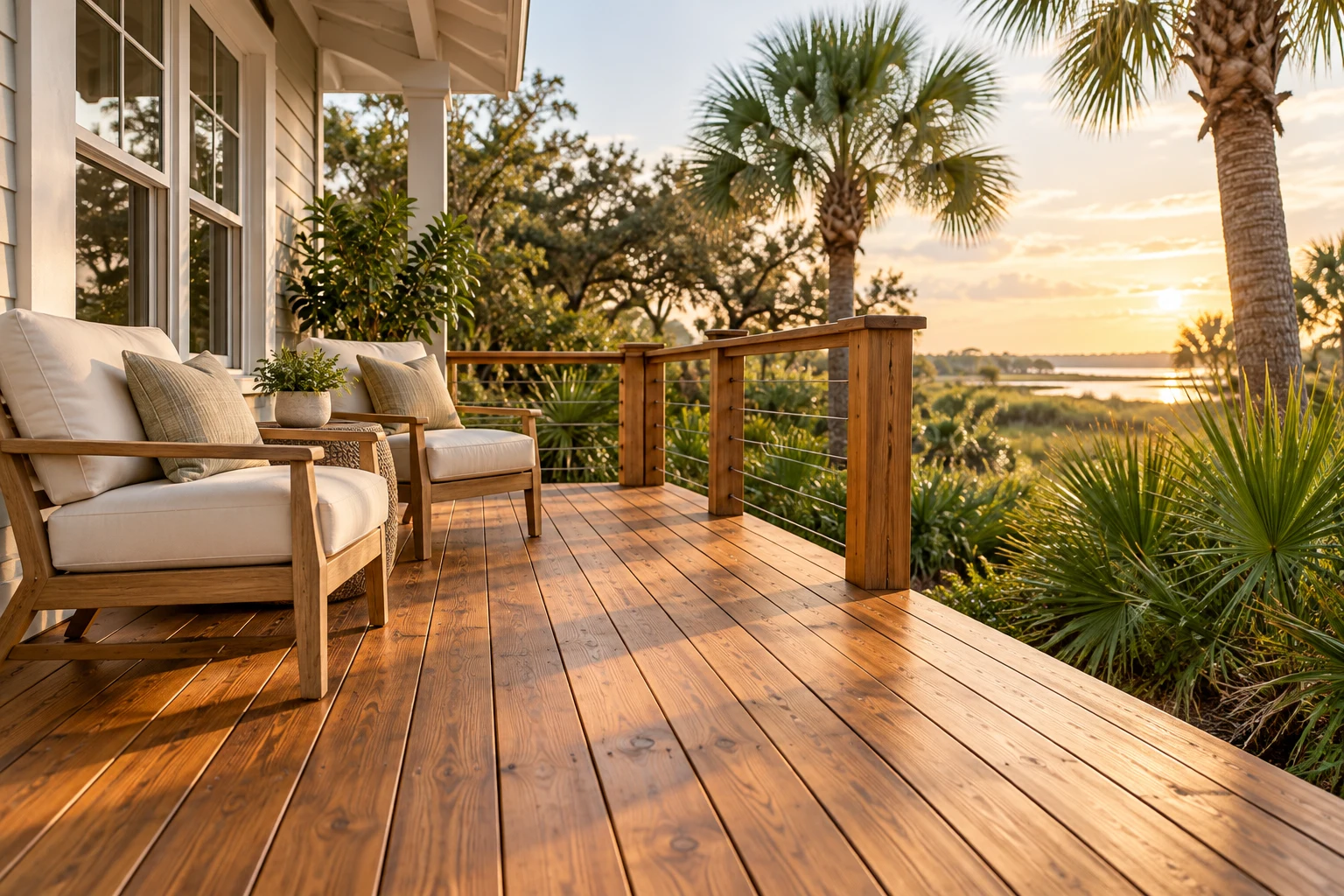 Architectural illustration of a coastal timber deck with outdoor chairs